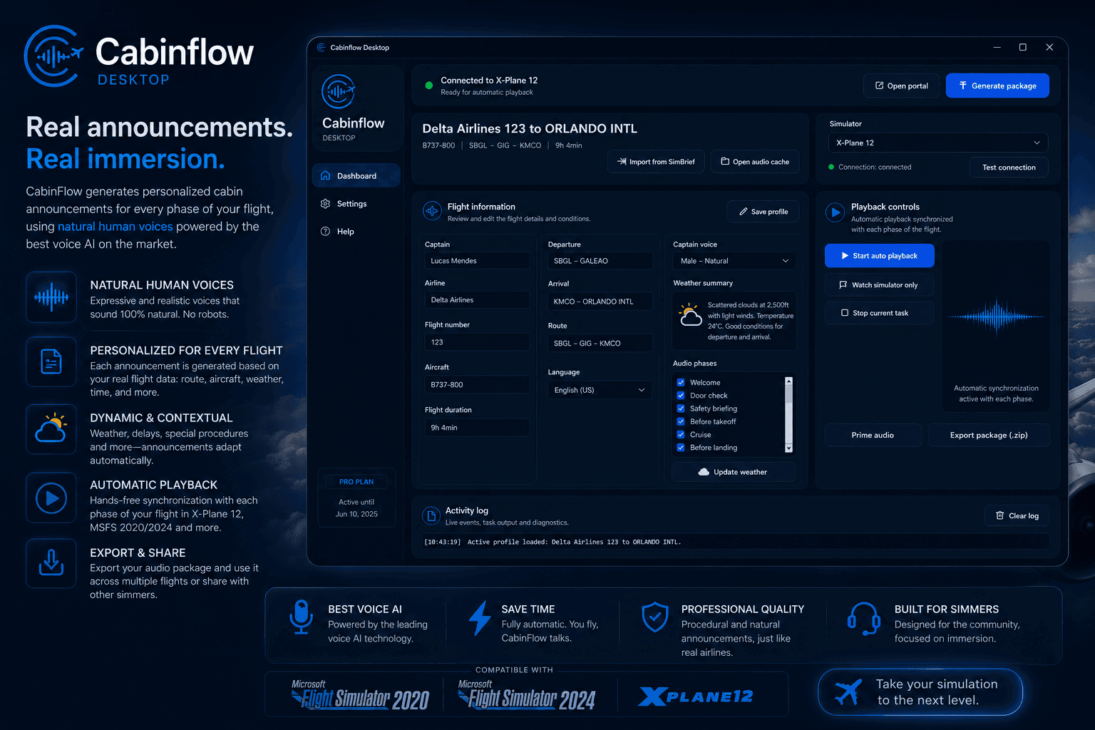 Cabinflow Desktop interface showing flight profile, simulator operator, playback controls, and activity log.